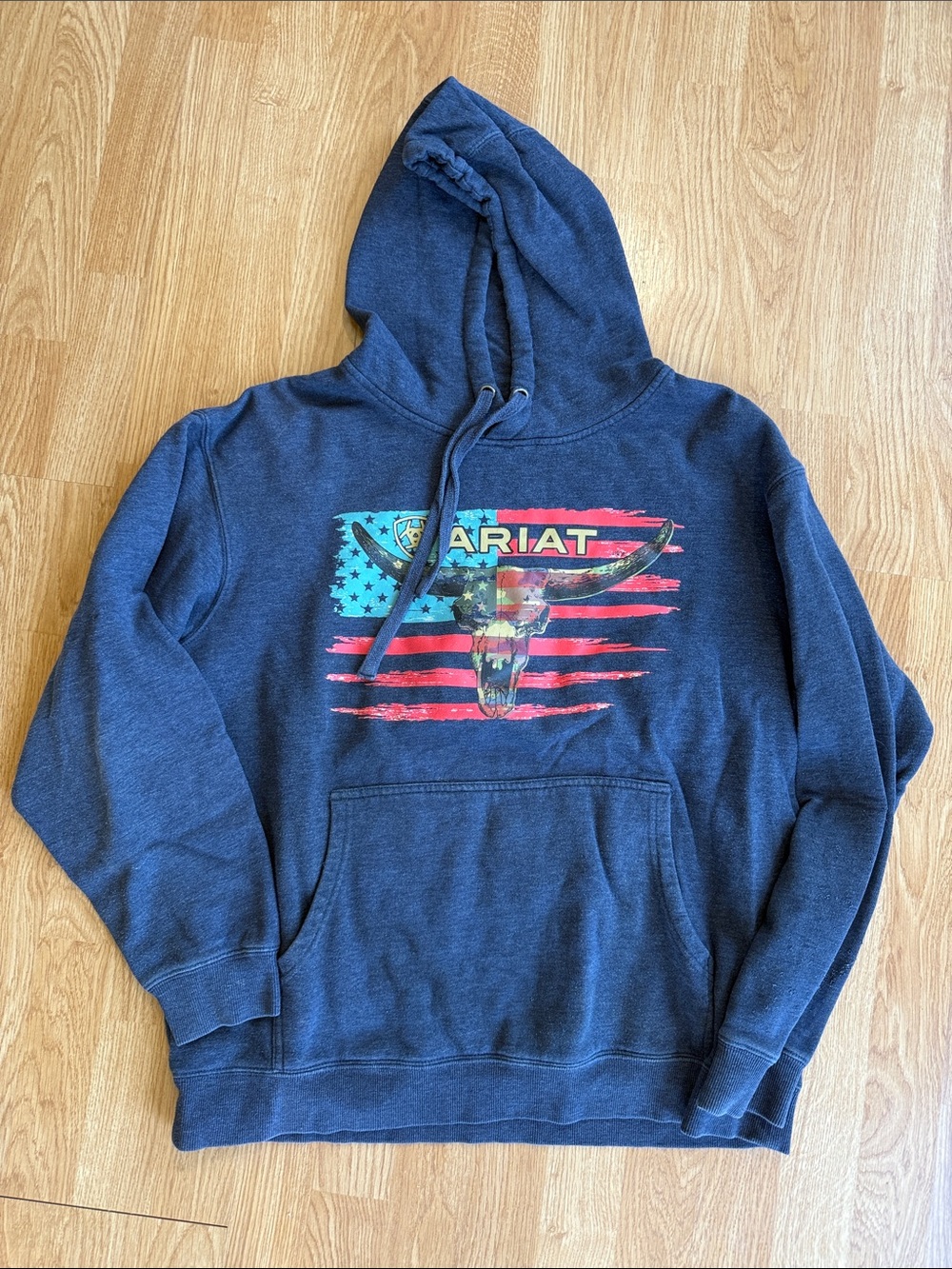Ariat Navy Hoodie with American Flag and Longhorn Graphic